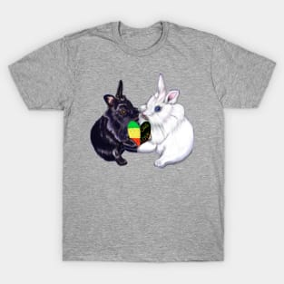 Reggae bunnies - bunny rabbits holding a love heart shape - pair of cute furry ebony and snow colored coloured lionhead bunny rabbit T-Shirt